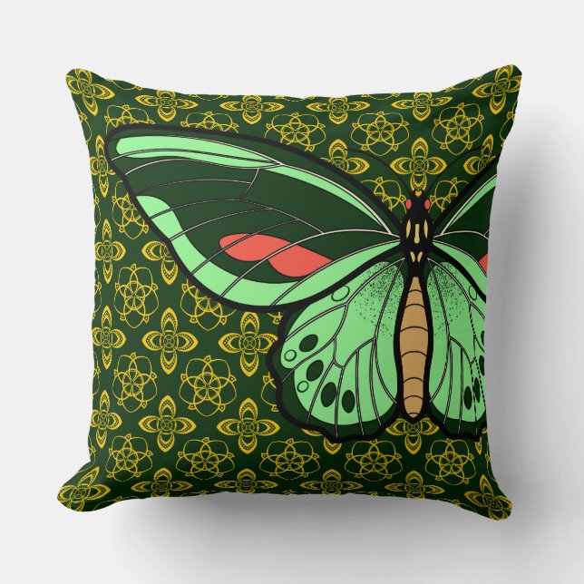 The Geometric Metamorphosis: Emerald Butterfly Throw Pillow (Front)