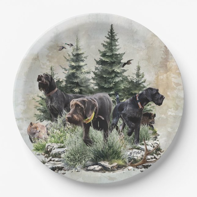 The German Wirehaired Pointers, Art Paper Plates (Front)