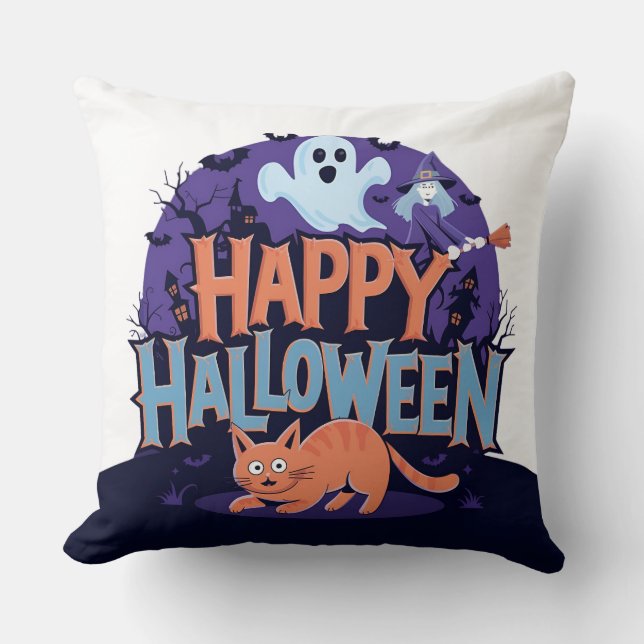 The Ghost and Halloween Cat Throw Pillow: Charming Pillow (Front)
