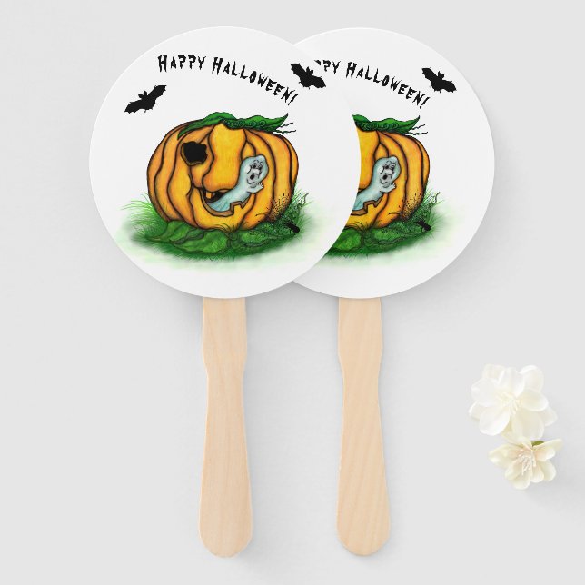 The Ghost of Halloween , Bat , Ghost and Spider Hand Fan (Front and Back)