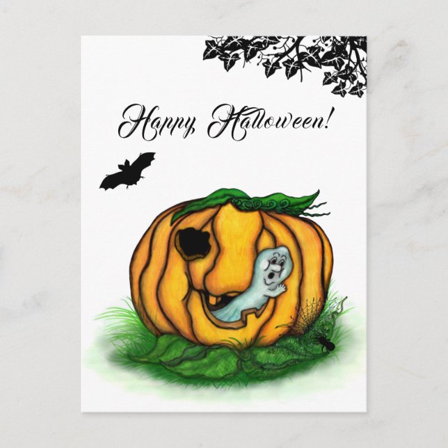 The Ghost of Halloween , Bat , Ghost and Spider Postcard (Front)