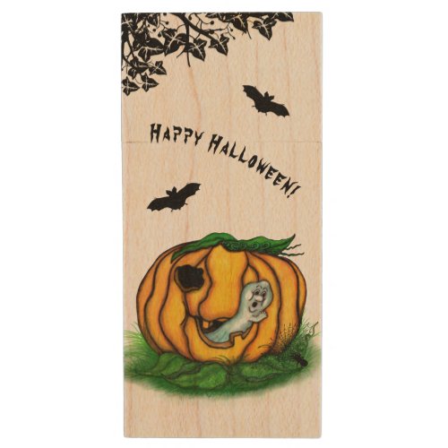 The Ghost of Halloween  Bat  Ghost and Spider Wood Flash Drive