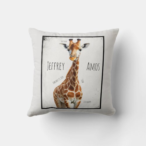 The giraffe with date of birth throw pillow