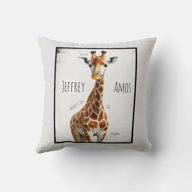 The giraffe with date of birth throw pillow (Back)