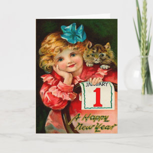 The Girl and the Cat - New Year Greeting Postcard