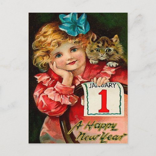 The Girl and the Cat _ New Year Greeting Postcard