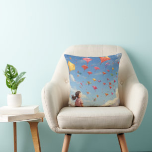 the girl watching the paper kites throw pillow