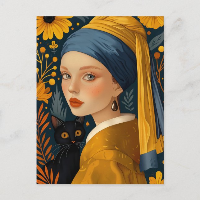 The Girl with a Pearl Earring and a Purring Friend Postcard (Front)