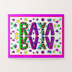 The Girl's Name Raya, Purple and Pink Stars Hearts Jigsaw Puzzle