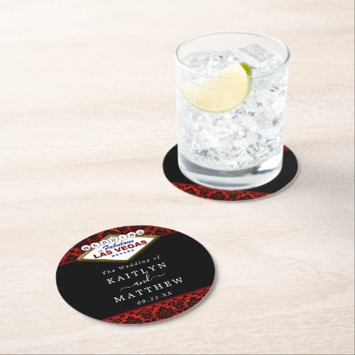 The Glitter Damask Las Vegas Wedding Collection Round Paper Coaster