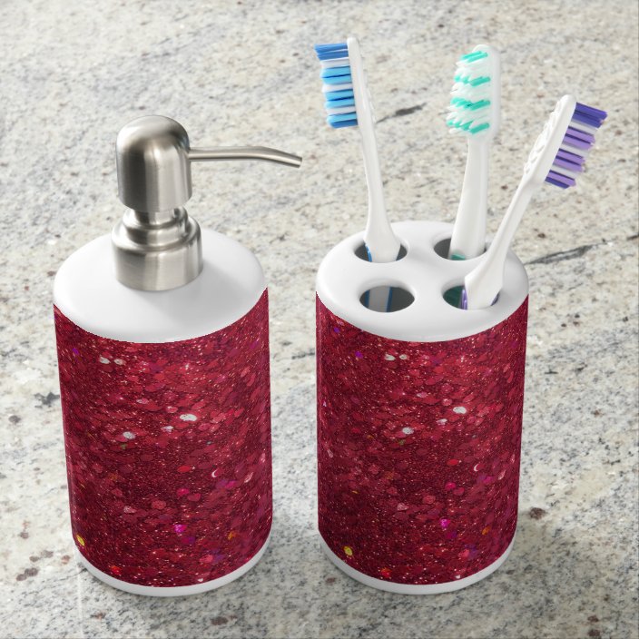 The Glitz Red Glitter Holiday Bathroom Set Soap Dispenser Toothbrush Holder Zazzle Com