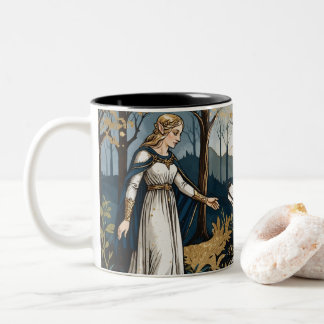 The Goddess and The Wolf Mug, Medieval Mystical Two-Tone Coffee Mug