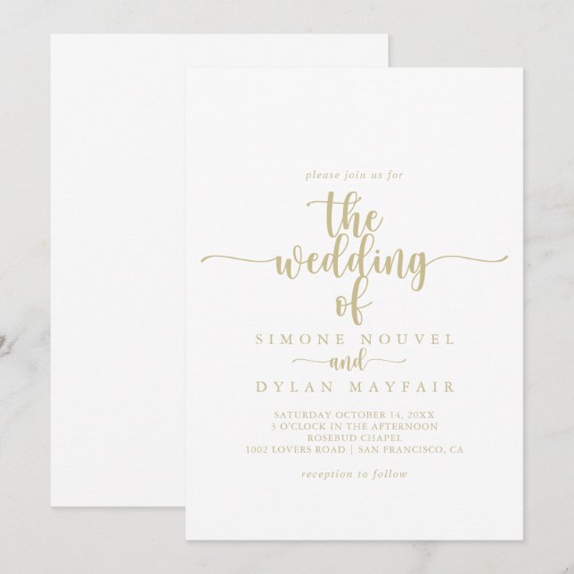 The Gold Minimalist Calligraphy Wedding Of  Invitation (Front/Back)