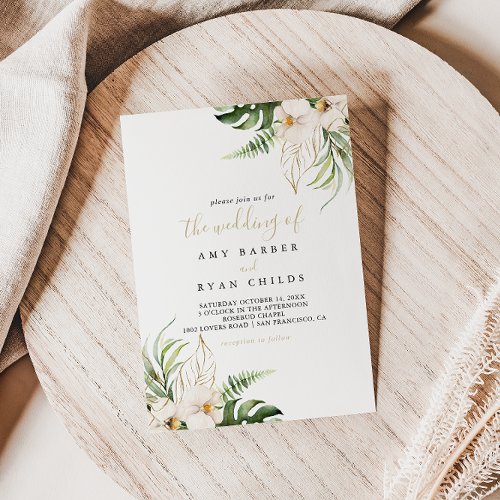 The Gold Tropical Foliage Floral Wedding of  Invitation