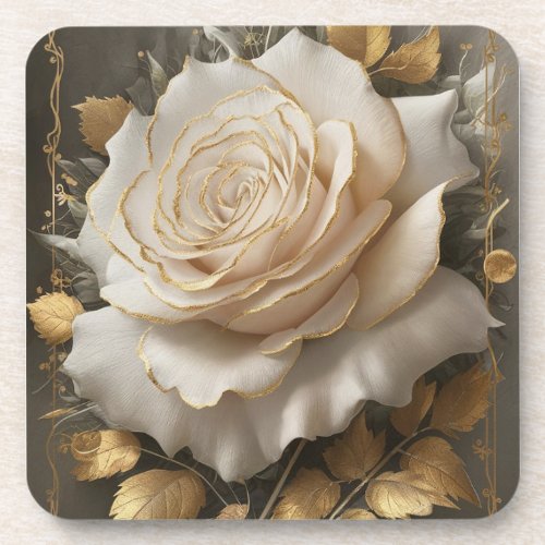 The Golden_Edged White Rose Artwork Beverage Coaster