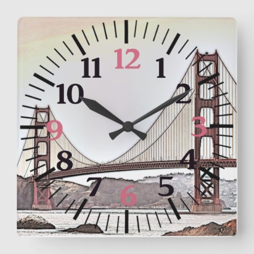 The Golden Gate Bridge _ San Francisco CA pink Square Wall Clock