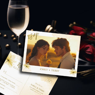 The Golden Hour Grace & Floral Photo Wedding RSVP Postcard
