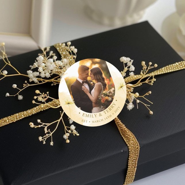 The Golden Hour Grace Photo & Floral Wedding Classic Round Sticker (Creator Uploaded)