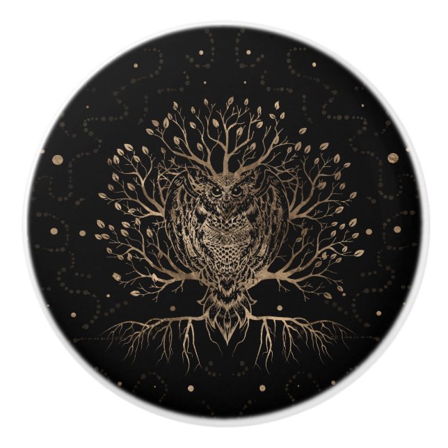 The Golden Owl Tree Ceramic Knob (Front)