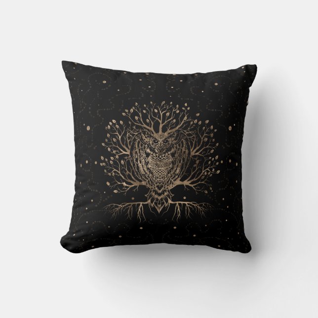 The Golden Owl Tree Throw Pillow (Front)