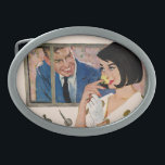 The Golden Rose Oval Belt Buckle<br><div class="desc">Artist: Coby Whitmore | Woman in a polka dot coat in a car smelling a yellow flower.</div>