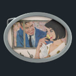 The Golden Rose Oval Belt Buckle<br><div class="desc">Artist: Coby Whitmore | Woman in a polka dot coat in a car smelling a yellow flower.</div>