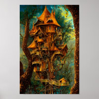 The Golden Treehouse | Fantasy Digital Art Poster
