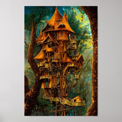 The Golden Treehouse  Fantasy Digital Art Poster