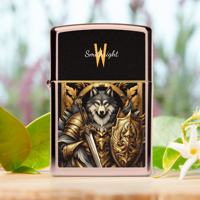 The Golden Wolfs Vigil Zippo Lighter (On Table)