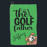 The Golf Father: Bold & Playful Design Golf Towel<br><div class="desc">A striking design featuring the words "the GOLF father" in bold black lettering against a rich green backdrop, seamlessly blending sophistication with humor. Above the text, a small golf ball graphic adds a nod to the sport, while below, a charming cartoon dog with perked-up ears and a joyful expression brings...</div>