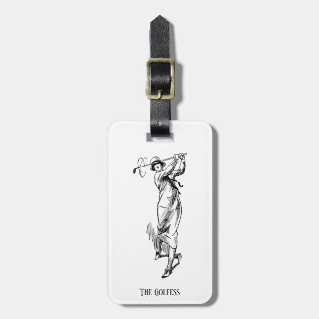 'The Golfess' Vintage Lady Golfer Luggage Tag (Front Vertical)