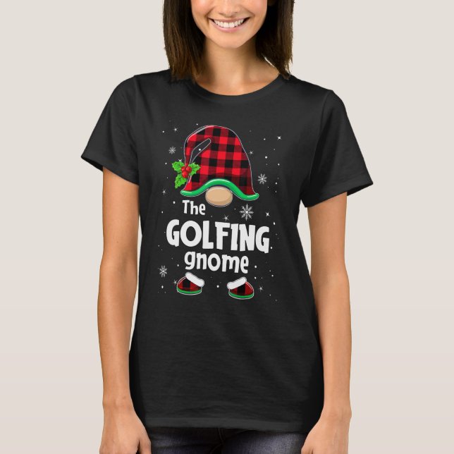 The Golfing Gnome Buffalo Plaid Christmas Matching T-Shirt (Front)