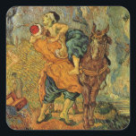 The Good Samaritan by Vincent van Gogh Square Sticker<br><div class="desc">The Good Samaritan (after Delacroix) by Vincent van Gogh is a vintage fine art post impressionism daily life portrait painting featuring a man from Samaria helping a wounded man who has been robbed back onto his horse. It is a mirrored copy of Eugène Delacroix' Good Samaritan, 1849. About the artist:...</div>