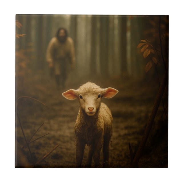 The Good Shepherd and the Lost Lamb – Jesus & Lamb Ceramic Tile (Front)