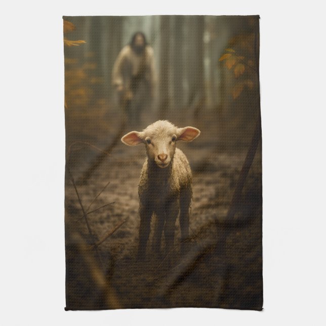 The Good Shepherd and the Lost Lamb – Jesus & Lamb Kitchen Towel (Vertical)