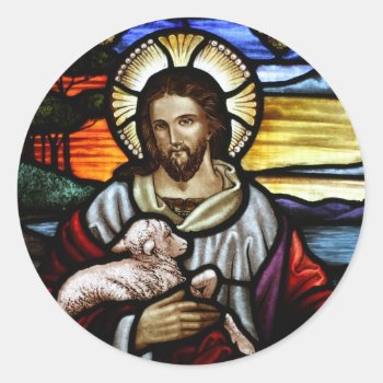 The Good Shepherd; Jesus On Stained Glass Classic Round Sticker by Art_Museum at Zazzle