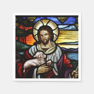 The Good Shepherd; Jesus on stained glass Napkins