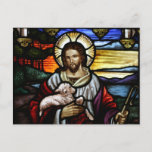 The Good Shepherd; Jesus on stained glass Postcard