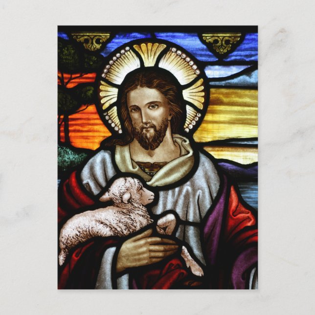 The Good Shepherd; Jesus on stained glass Postcard (Front)
