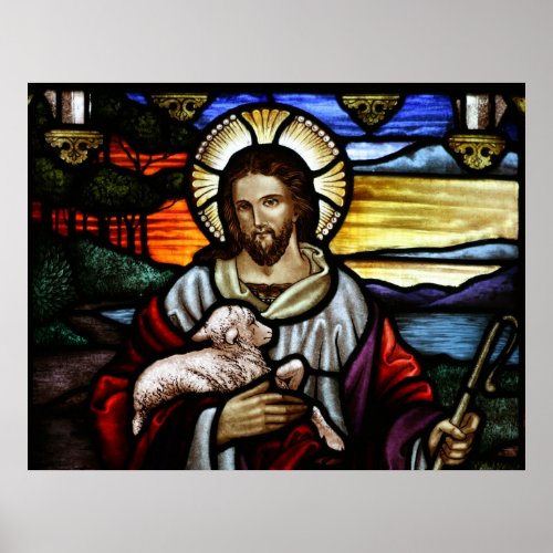 The Good Shepherd Jesus on stained glass Poster