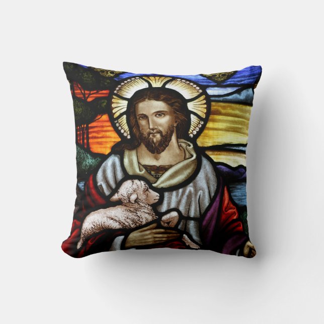 The Good Shepherd; Jesus on stained glass Throw Pillow (Front)