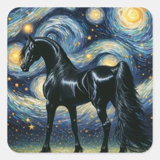 The Gorgeous Black Stallion in the Starry Night
