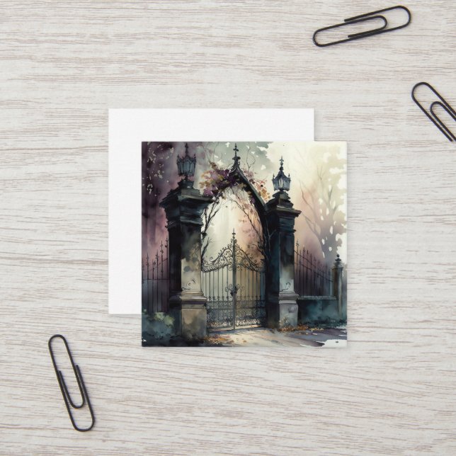 The Gothic Cemetery Gate Series Design 12 Square Business Card (Front/Back In Situ)