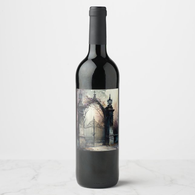 The Gothic Cemetery Gate Series Design 12 Wine Label (Front)