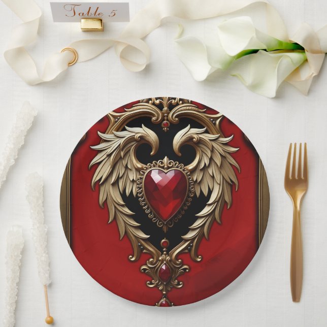 The gothic heart of fire and gold paper plates (Wedding)