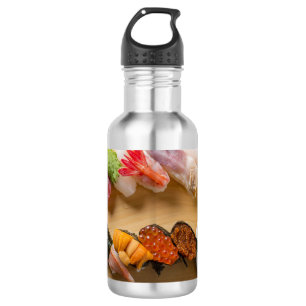 The graceful curves of nigiri - sushi art on wood stainless steel water bottle