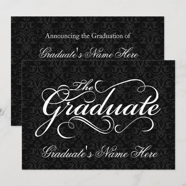 The Graduate, Elegant Black Damask Graduation Invitation (Front/Back)