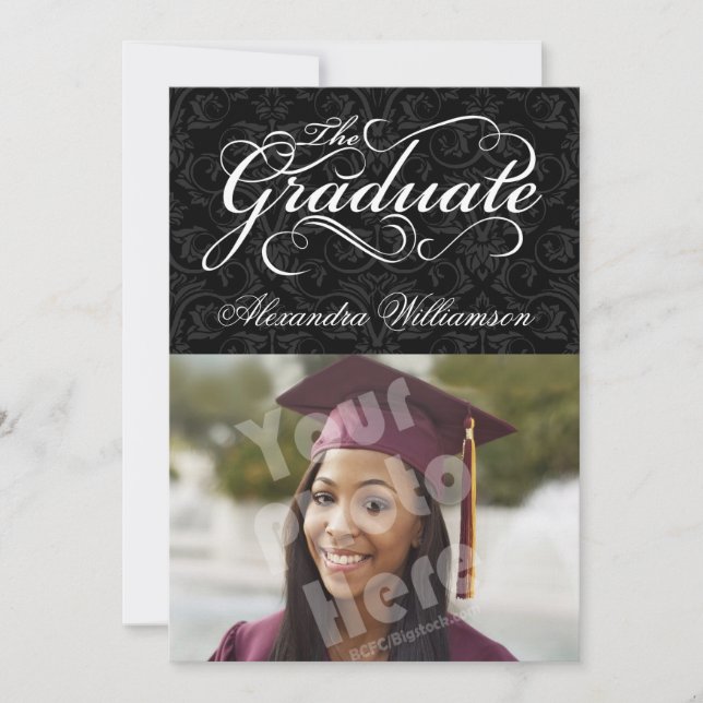 The Graduate, Elegant Black Photo Graduation Invitation (Front)