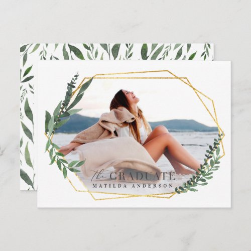 The graduate foliage and gold geometric announcement postcard