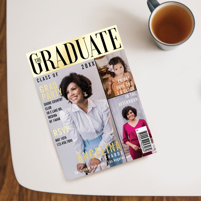 The Graduate Trendy Magazine Cover 3 Photo Grad Foil Invitation (Creator Uploaded)